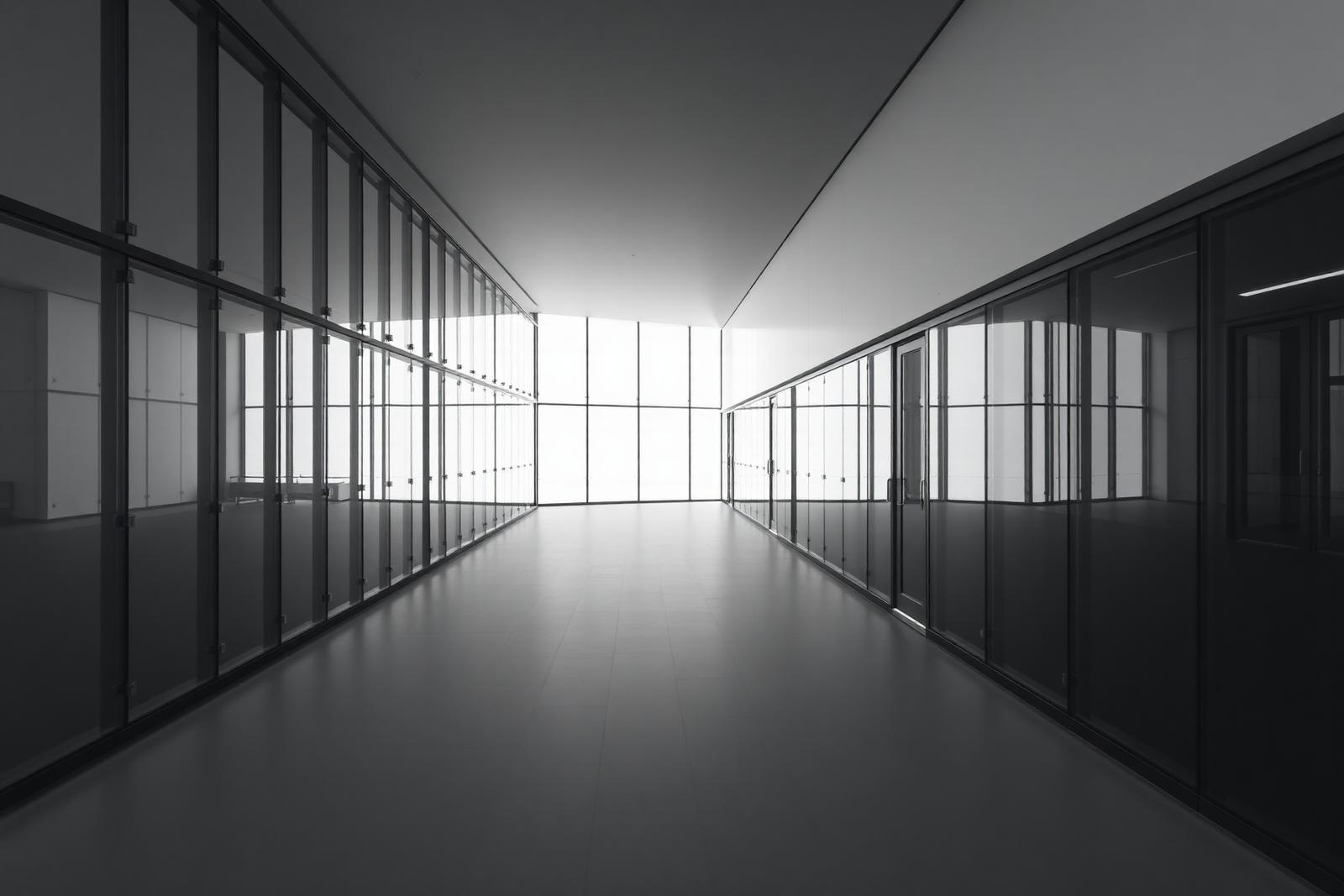 Daylit glass and steel corridor in a contemporary office building