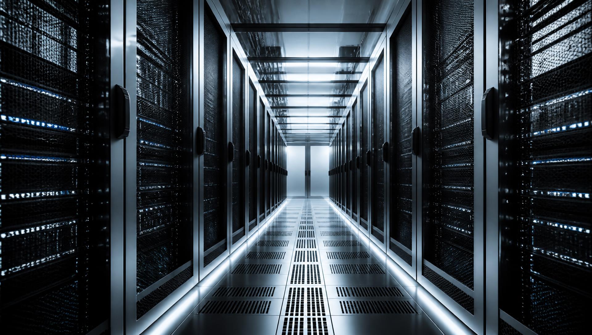 Server racks lining a data centre aisle under directional lighting