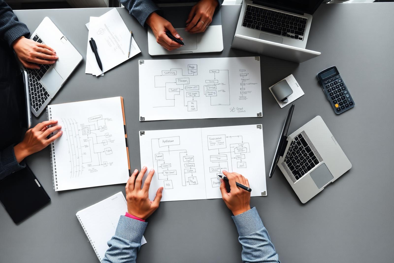 Team members annotating printed system architecture diagrams on a shared desk